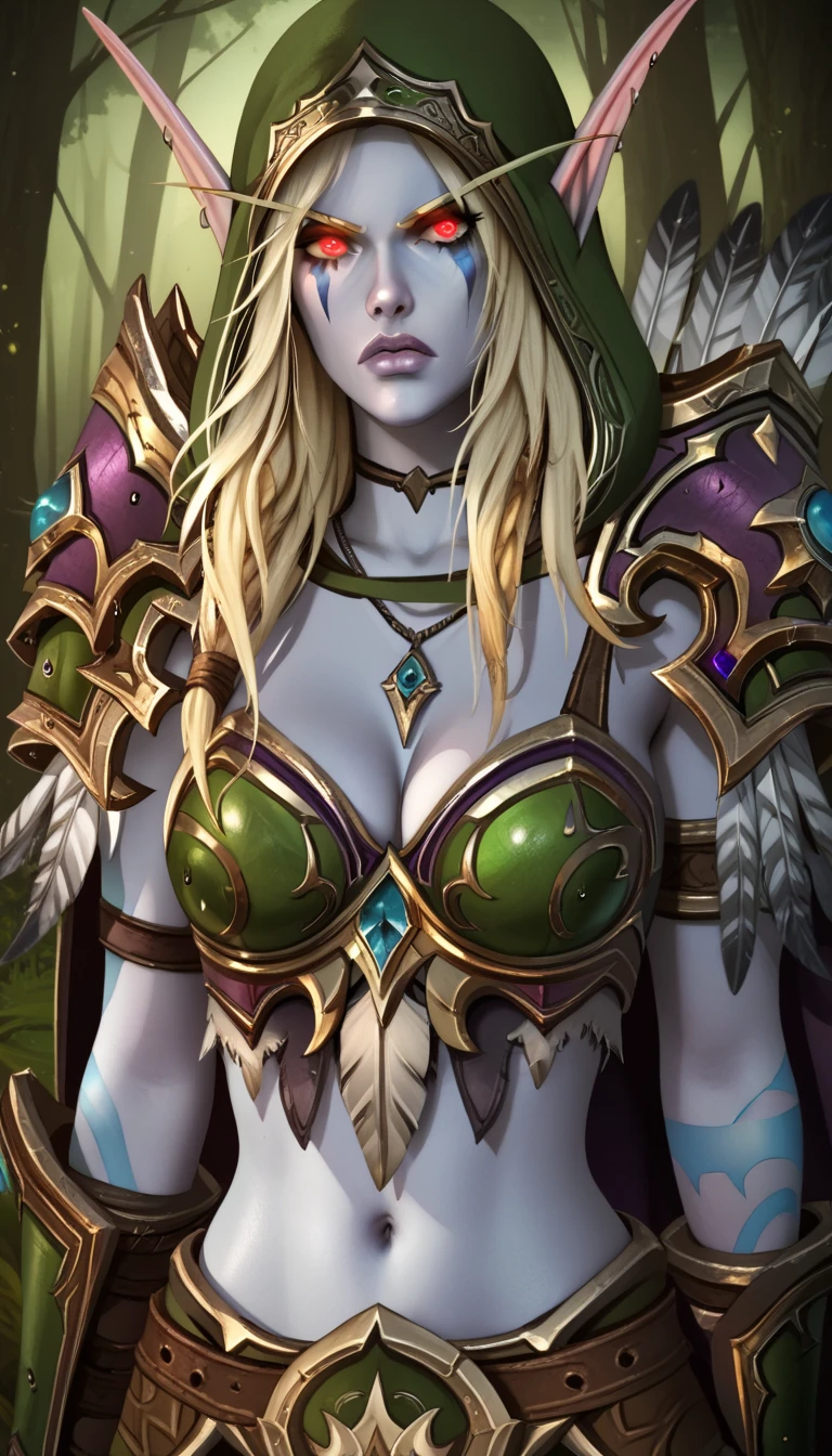 Split the girl into two halves, look at viewer, (SplitScreen, split screen, Forest background, BREAK  sylwinundead, long hair, undead, white hair, grey skin, pointy ears, red eyes, hood, pauldrons, glowing eyes, breastplate, gloves, armor, cape, pants, midriff, angry, colored skin, purple hood, red eye on left:1.1), (SplitScreen, split screen, Forest background, BREAK  alleria windrunner, blue eyes, blonde hair, pointy ears, elf, tattoo, glowing eyes, facial mark, armor, shoulder armor, gloves, cleavage, jewelry, necklace, feathers, belt , cape, angry, Green hood, blue eye on right:1.1)