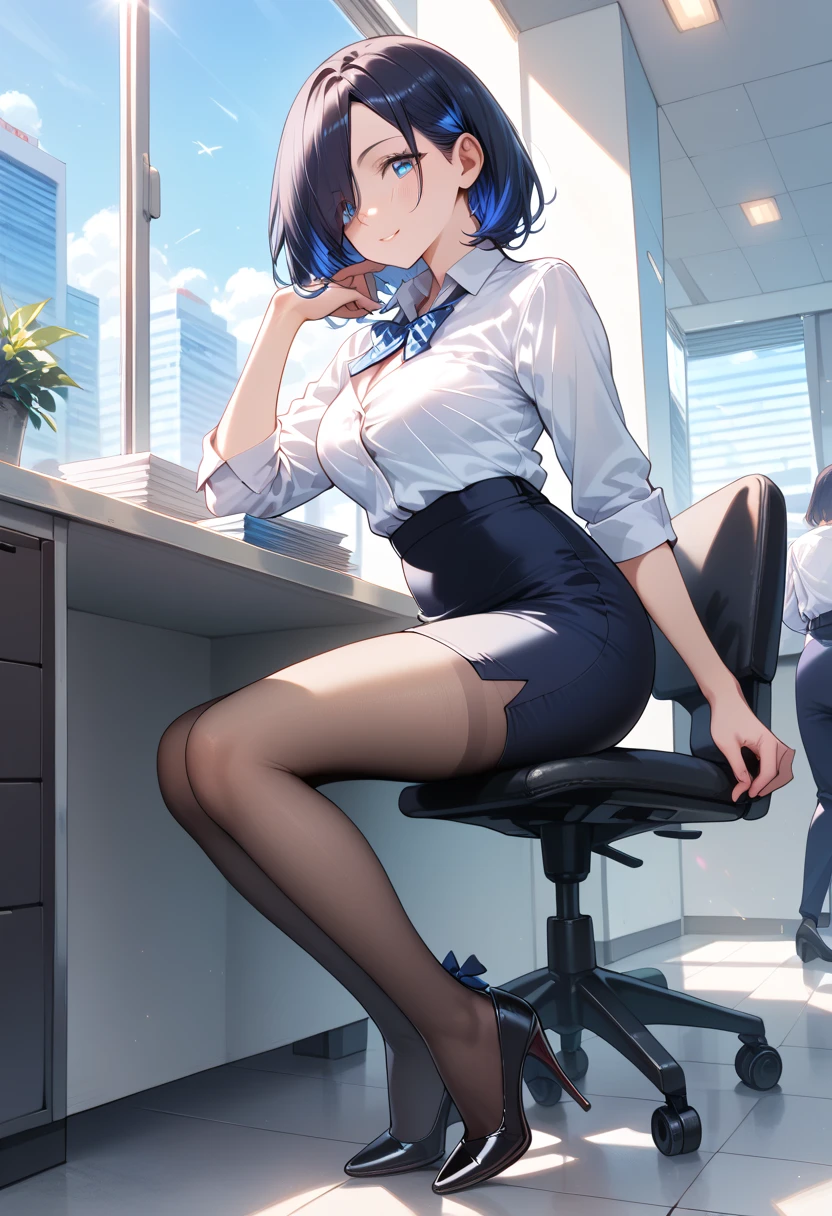 ((masterpiece, best quality, ultra detailed, high resolution, detailed facial description)), (solo, 1 noble woman:1.3), (office lady, pencil skirt), (black pantyhose, high heels), (medium black hair, hair over one eye, blue inner color hair), (tsurime:1.3)