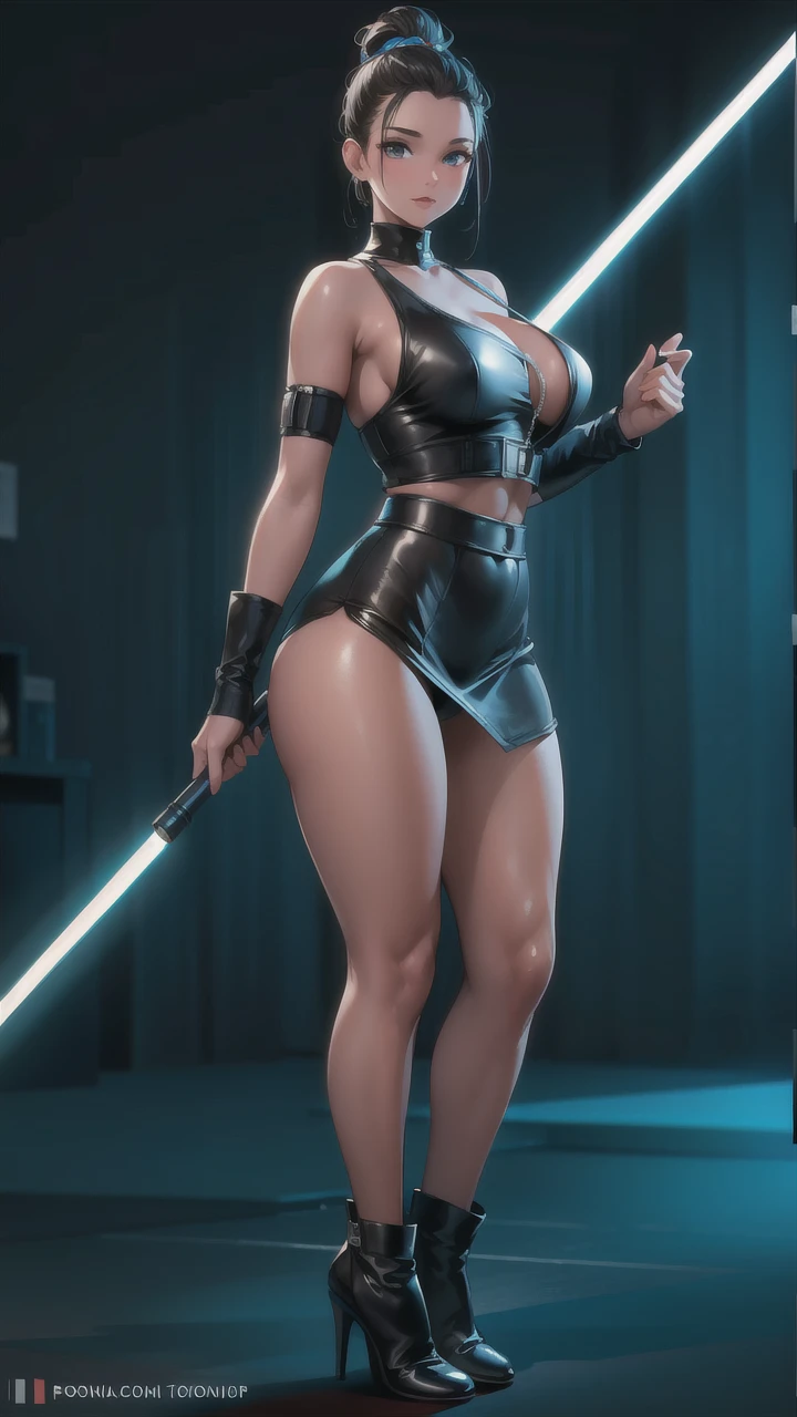 score_9, score_8_up, score_7_up, score_6_up, realistic, (star wars Rey Skywalker), standing, ((huge natural breasts)), brown eyes, rey bun hairstyle, (black tube top), (covered nipples), (black pelvic curtain), (white wet panties), perfect pussy cameltoe, (black stockings), playing with lightsaber, horny expression, (rear view)1.1, (inside spaceship, Millennium Falcon background) (detailed stockings fabric) (wearing 20cm sexy high heels stilettos shoes)