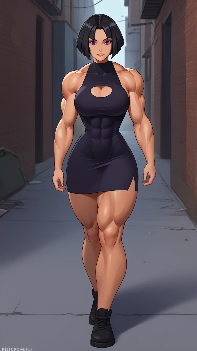 ((late evening)), ((summer evening)), ((muscular woman in a dark alley)), fullbody view, hypermuscular 19 yo ((Azerbaijani)) woman, rich elitist girl, massive bulky (extremely muscular: 1.5), breathtakingly beautiful muscle woman, (long straight raven-black hair: 1.3), tawny skin, steel-hard hypermuscular body, haughty arrogant proud, muscular powerful bodybuilder physique, perfect flawless musculature, wearing glamorous minidress, muscular thick arms