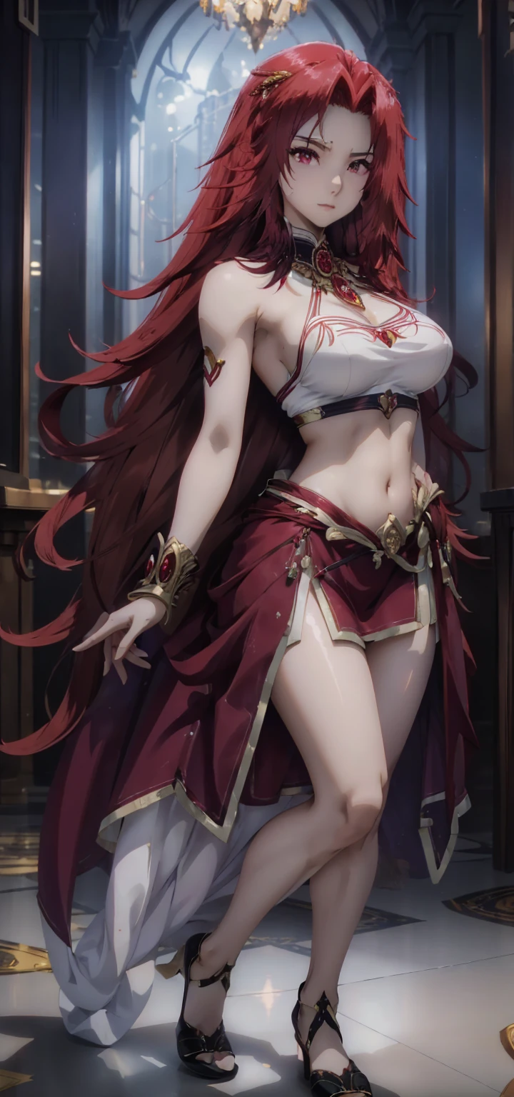 a ( super realistic ) beautiful( Iris midgar)WITH ( eyes WITH rojos)  and white clothing ( Detailed ) WITH gold jewellery on breast,  beautiful breasts(sexy),  long beautiful red hair , hyper  Detailed  cuerpo completo ( standing in a medium position )