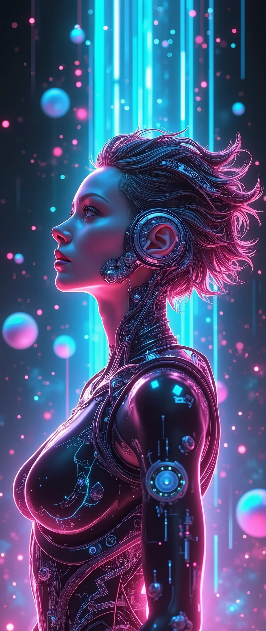 (masterpiece:1.2,  high image quality,Mirror Finish , cinematic experience, best illustrations:2.0,  super detailed  ),8k,16k,wallpaper,Beautiful female cyborg, psychedelic ,progressive,SF, cyberpunk,glow line art,The background is an abstract group of planets , The background is a large grid pattern of light lines ,( face up to hairstyle),( depth of field ),(nSFw)