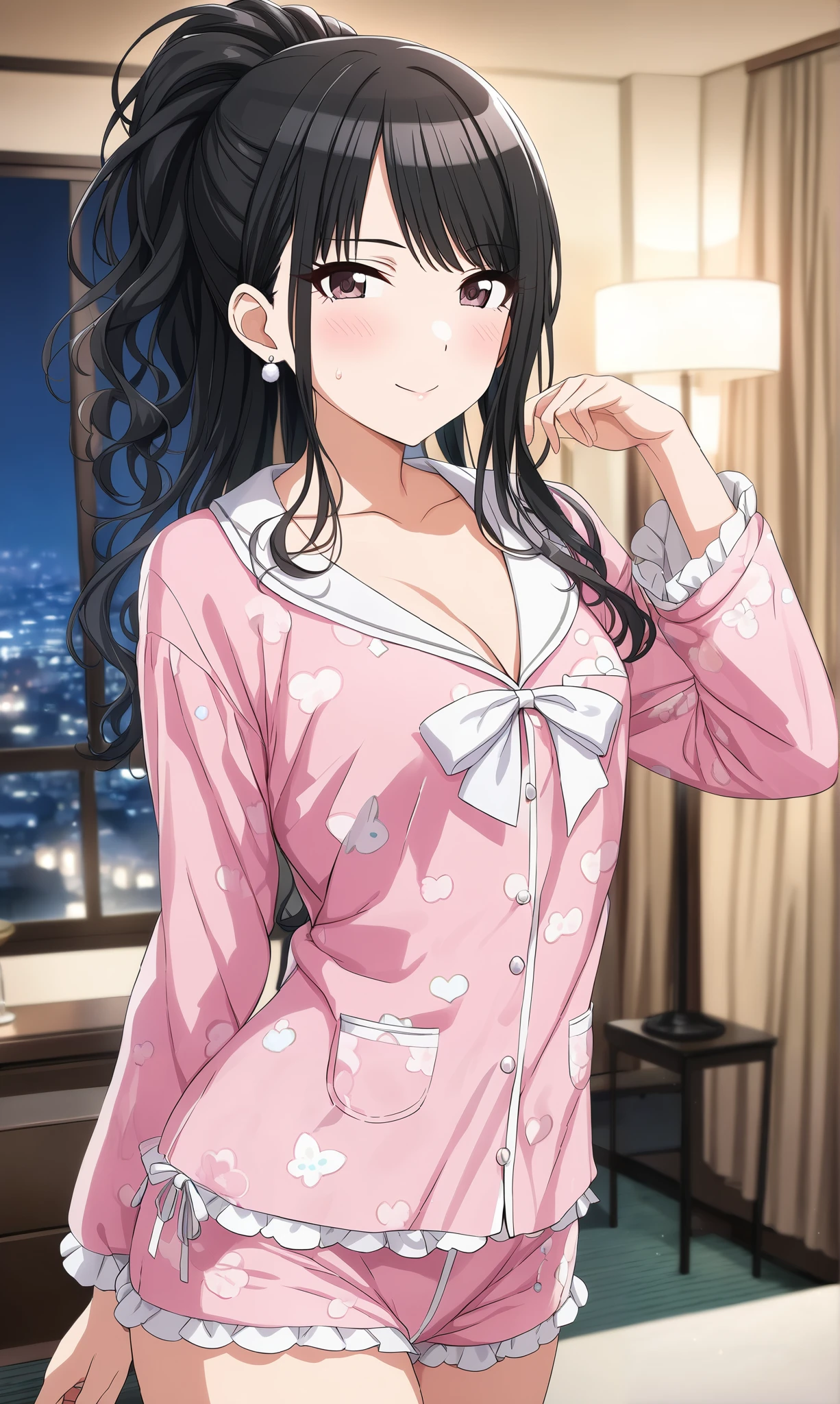  Source_anime, official style, (Hiori Kazano),  ponytail,  black hair,  dark eyes, (The Idolmaster Shiny Colors),  1 girl ,  hair between eyes ,  small breasts,  pretty butt,  cleavage, (blight smile:1.1), ( sexy pajamas ), ( sexy pose :1.2), (Shy), ( pink cheeks:1.5), ( is fascinated),  living room ,  hotel, night,  score_9,  score_8_superior,  score_7_superior,  Source_anime, (best quality:1.2), masterpiece,  high quality , full color, 8k,  high res,  natural makeup,  front light 