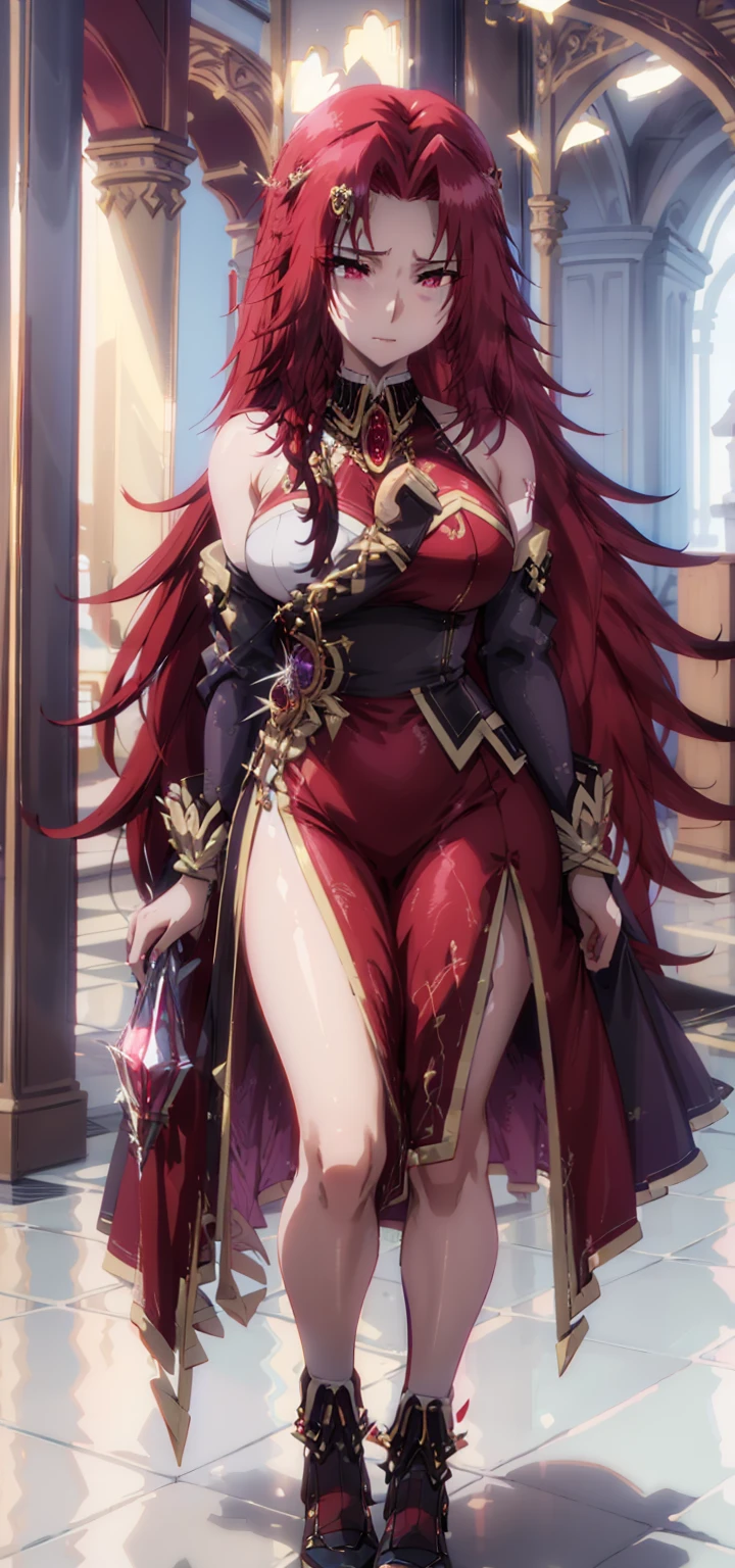 a ( super realistic ) beautiful( Iris midgar)WITH ( eyes WITH rojos)  and white clothing ( Detailed ) WITH gold jewellery on breast,  beautiful breasts(sexy),  long beautiful red hair , hyper  Detailed  cuerpo completo ( standing in a medium position )