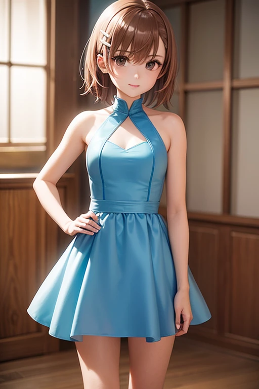 misaka mikoto、 shiny hair,  short hair, ( beautiful brown eyes、)、smile、 super detailed eyes、((hair clip)), highly detailed faces being avenged,  highly detailed eyes ,cowboy shot,、( One Girl )、 ,Master Piece,  top quality ,  high res, masterpiece , 





 top quality 、masterpiece、High sensitivity、 high res、  detailed description  、 anime girl , .  light blue evening dress ,  short dress with high heels ,  is standing