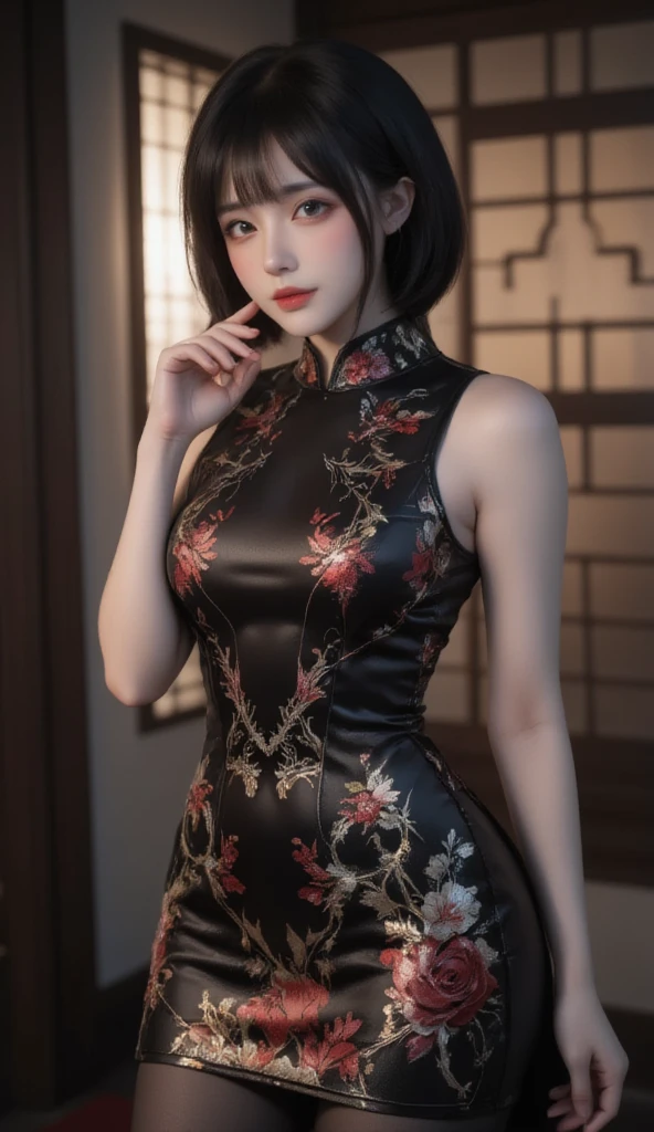 (32k uhd, hdr, (incremental absurdes:1.4), 1girl, ((milf)), ((curve)),Realistic,Chinese woman,short black hair,sexy face,tight fitting sleeveless cheongsam,full figure,full chest,exquisite embroidery,enticing figure,black silk stockings,realistic facial texture,ultra clear,masterpiece,