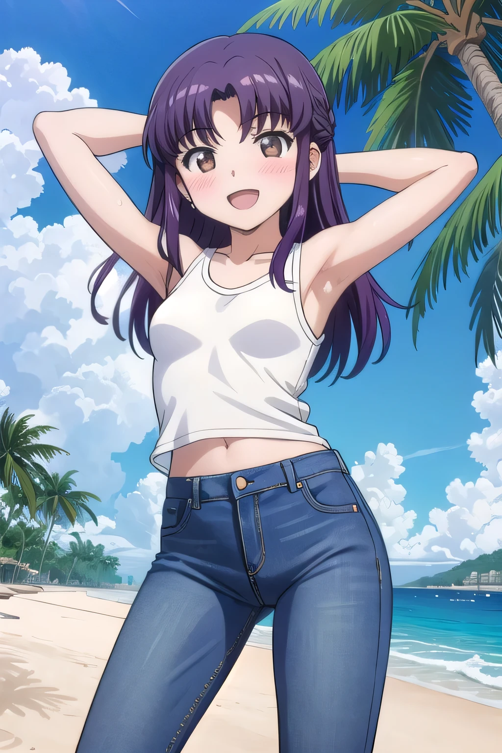 masterpiece,best quality,ultra detail,1girl, yo, pee, ((round face, ecstasy, orgasm face, drooping eyes, shame smiling, blush)), dropping eyes, sleepy, background((under the beach, (day:1.2), palm tree, bright sky)), misato katsuragi, long hair, (brown eyes:1.5), (purple hair:1.2), (parted bangs:1.5), arms behind head, contrapposto, spread armpits, looking at viewer,, White tank top, White crop top, (jeans pants:1.2, flares jeans:1.2, skinny jeans:1.2, blue jeans:1.2), standing, (legs spread:1.1), dynamic pose, Sweaty crotch, Steam from the crotch, (view wide:1.2), medium body