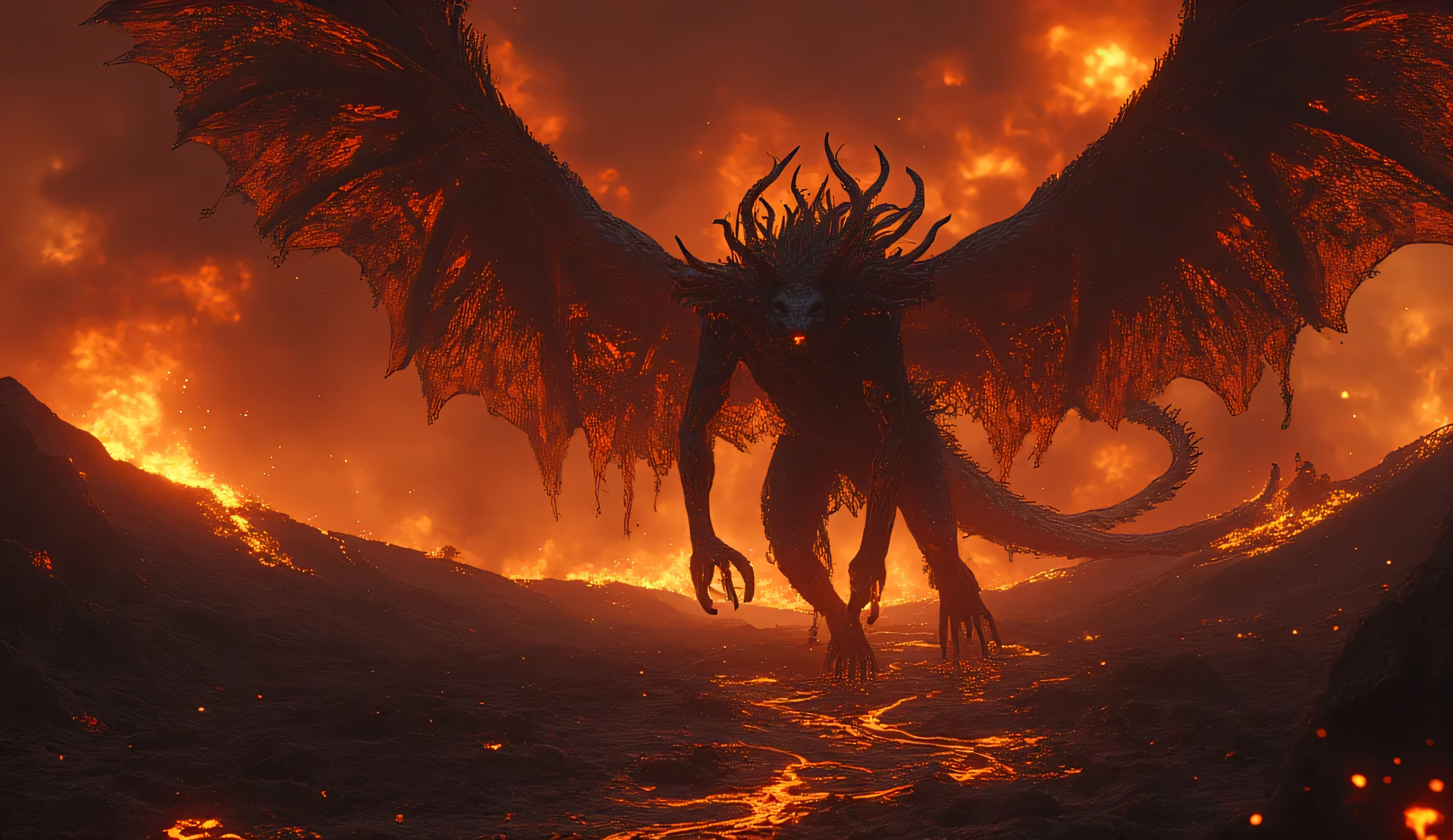 A great huge skinny lava dragon resembling a tyrannosaurus. It is covered with black adamantium, and large black spikes protrude from it. The skin is dotted with lava burning veins. Two colossal wings of fire. The skin is covered with lava. His glowing eyes are burning. He walks among mountains and erupting volcanoes. Lava. Horror, apocalypse, nightmare.