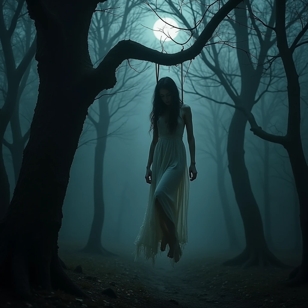 a young woman, delicate and beautiful woman with long, straight jet black hair, Porcelain skin, She is wearing a little transparent white dress, Her beautiful white skin shines. She is completely tied up ((his entire body tied in a fetal position)) and the rope hangs his body, almost touching some green waters where a large hand emerges, eagerly waiting to touch the woman, around there trees and fog, at night in a dark forest. animated art 