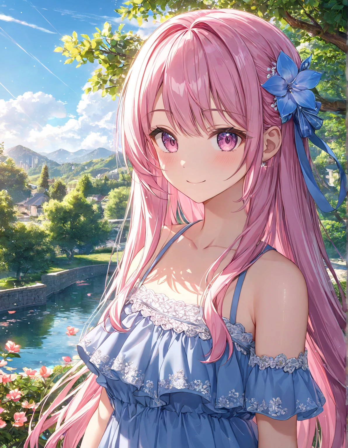 1girl, solo, Pink Shine Bright Hair, hair between eyes, Long hair, loose hair,beautifully styled hair, aesthetic detailed eyes, (Pink shiny Bright Eyes), looking at viewer,(pale cheeks), (skin colored cheeks), Mesmerise, Little smile, closed mouth, (half body, cowboy shot),  BREAK
(summer blue dress), ribbon, BREAK
garden, trees, flowers, sunny, blue sky, BREAK
HDR, 8K, masterpiece, best quality, amazing quality, very aesthetic, high resolution, ultra-detailed, absurdres, newest, scenery, 
masterpiece, scenery, aesthetic detailed background, best quality, game cg aesthetics, sharp focus, sharp details, beautiful detailed eyes, detailed skin, detailed hair, light particles,  photo background, depth of field, 
(masterpiece), best quality, ultra-detailed, 1024k UHD wallpaper, ultra-high resolution, depth of field, HDR, Ray tracing, RTX, high saturation, photon mapping, best texture quality, best compotitions, (extremely detailed CG 1024k wallpaper), High Details, Detailed face, Detailed Clothes, Ultra HD Photo, Perfect Face, expressive eyes