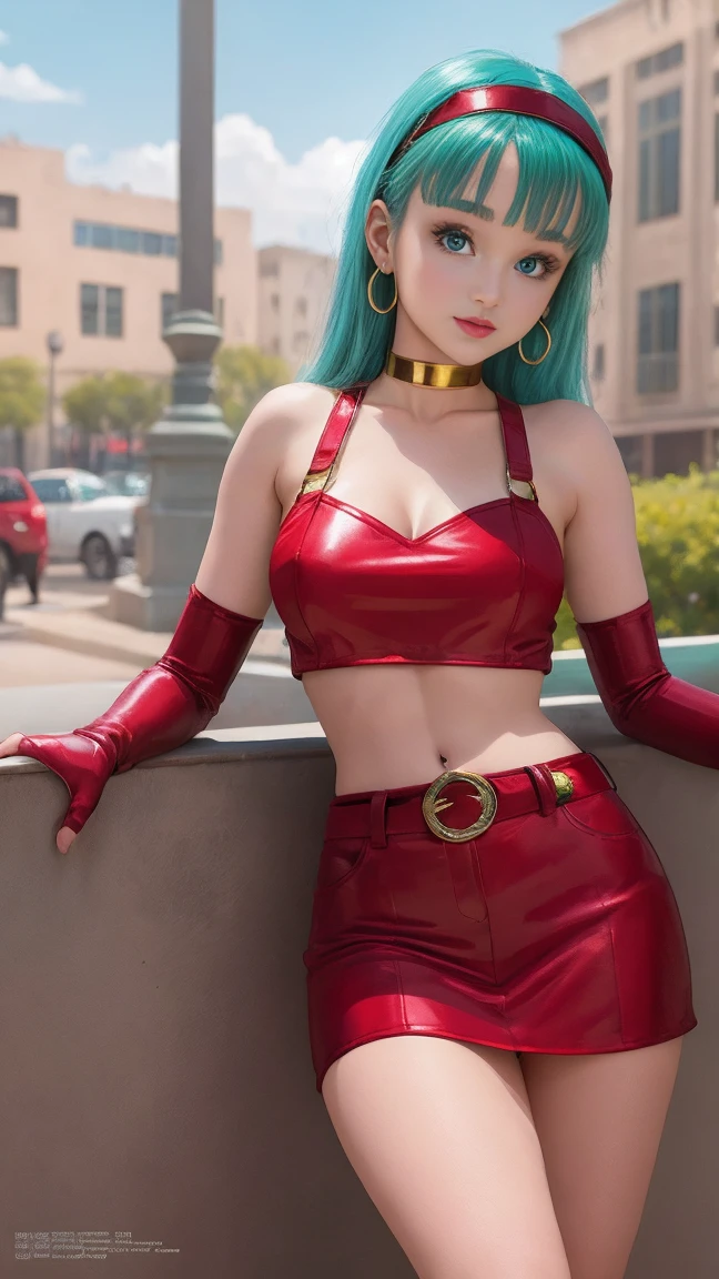 masterpiece, best quality, highest quality, photorealistic, perfect ???????, perfect face, perfect eyes, big hips, large breasts
aqua hair, brabulladbgt, red hairband, red gloves, red crop top, blue eyes, skirt, hoop earrings, choker, 1girl, outdoors, sexy pose, busty milf women, naughty smile,luva nas maos
