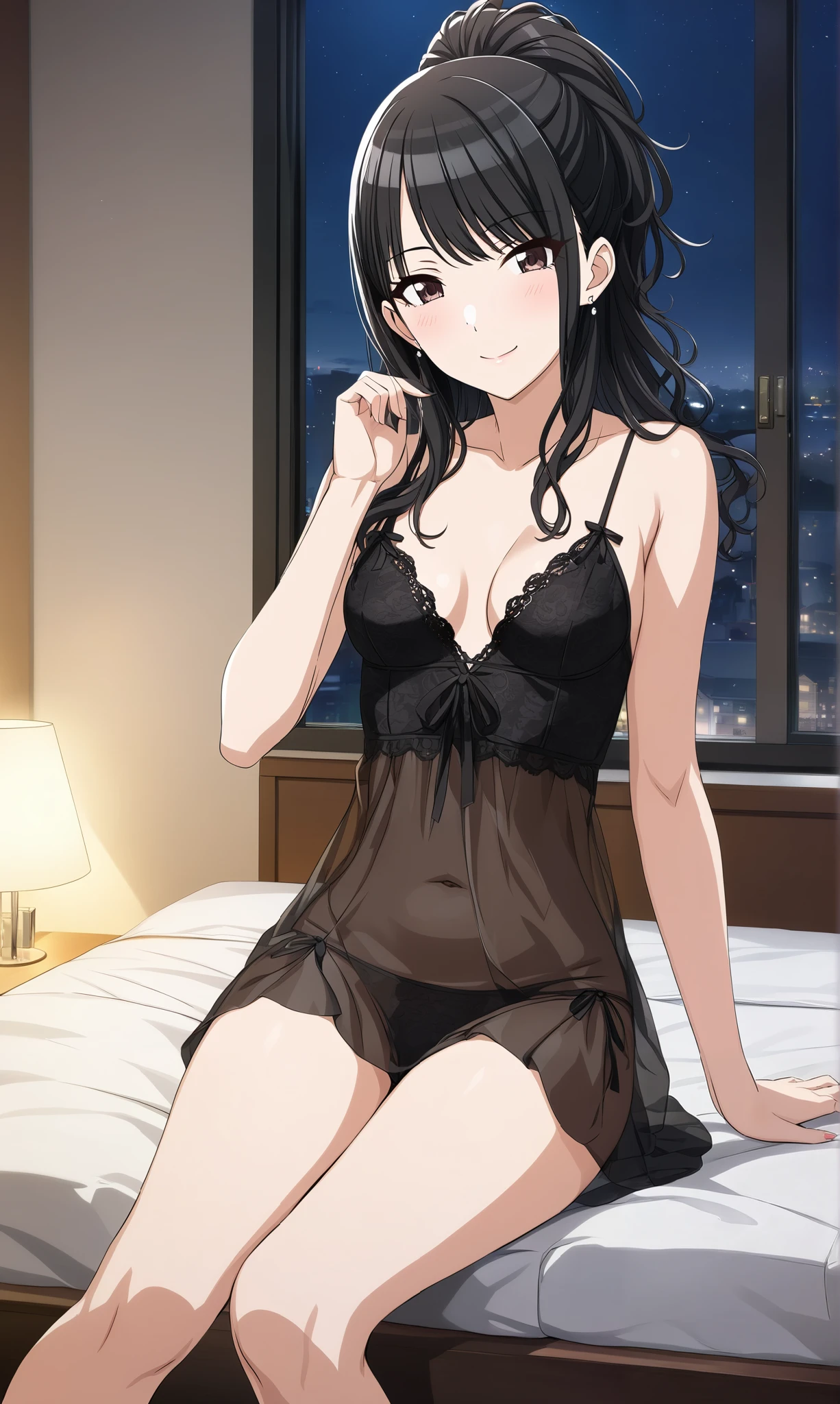 Source_anime, official style, (Hiori Kazano), ponytail, black hair, dark eyes, (The Idolmaster Shiny Colors), 1 girl , hair between eyes , small breasts, pretty butt, cleavage, (blight smile:1.1), ( black lace sexy nightgown), ( see through :1.5), (Before sex:1.3), (初night:1.2), ( sexy pose :1.2), (sitting on the bed:1.3), (Shy), (Red cheeks:1.3), ( is fascinated), bedroom, hotel, night, score_9, score_8_superior, score_7_superior, Source_anime, (best quality:1.2), masterpiece, high quality , full color, 8k, high res, natural makeup, front light , nsfw