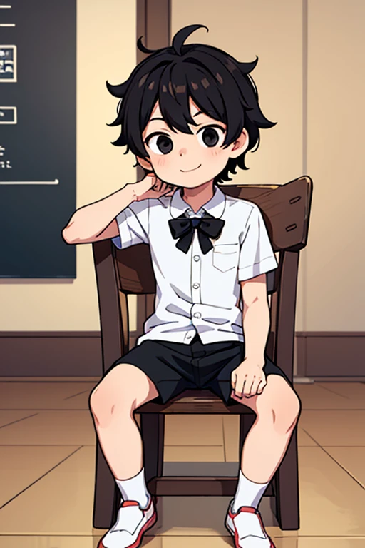 Young man, Shota, alone, facial expressions, messy hairstyle, short detailed body, normal clothes, black eyes, smile, sitting on a chair, clear sky, best quality, lens aperture 1.8, great work 