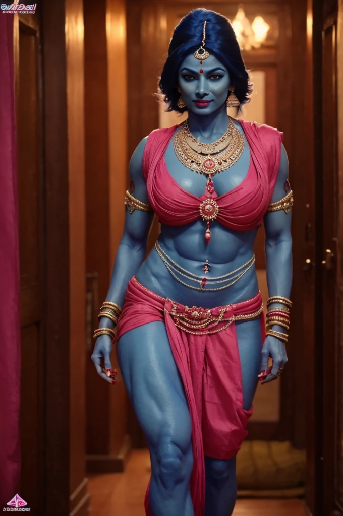 an indian woman, ((realistic blue skin)), tattoos, full body photograph, indian goddess, ((tall and toned body)), realistic muscles, hairy pussy, pink labia, red lipstick, red nail polish, anklets,  4k resolution, realistic jewelry,