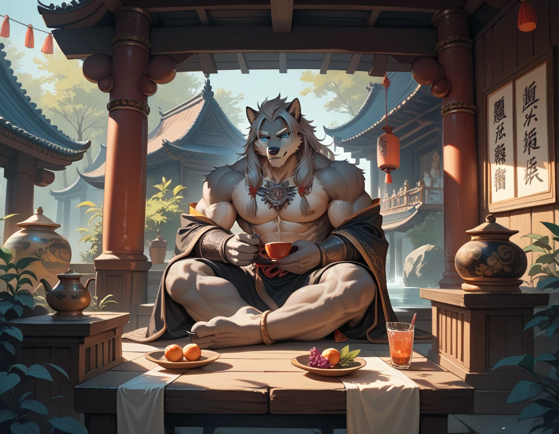 score_9, score_8_up, score_7_up, score_6_up, source_furry,
lch, wolf yaoguai, male, anthro, solo, hair bun, beard, white eyebrows, chinese clothing, headkerchief, hari sticks, arm wraps, knee pads, shoulder pads, necklace, black clothing, BREAK
lch, wolf yaoguai, male, anthro, solo, sitting on bench, eating food, (noodles:1.2), holding bowl, brown eyes, city, market, fully clothed,  
 <lora:BlackMythWolves_1.0.b:1>