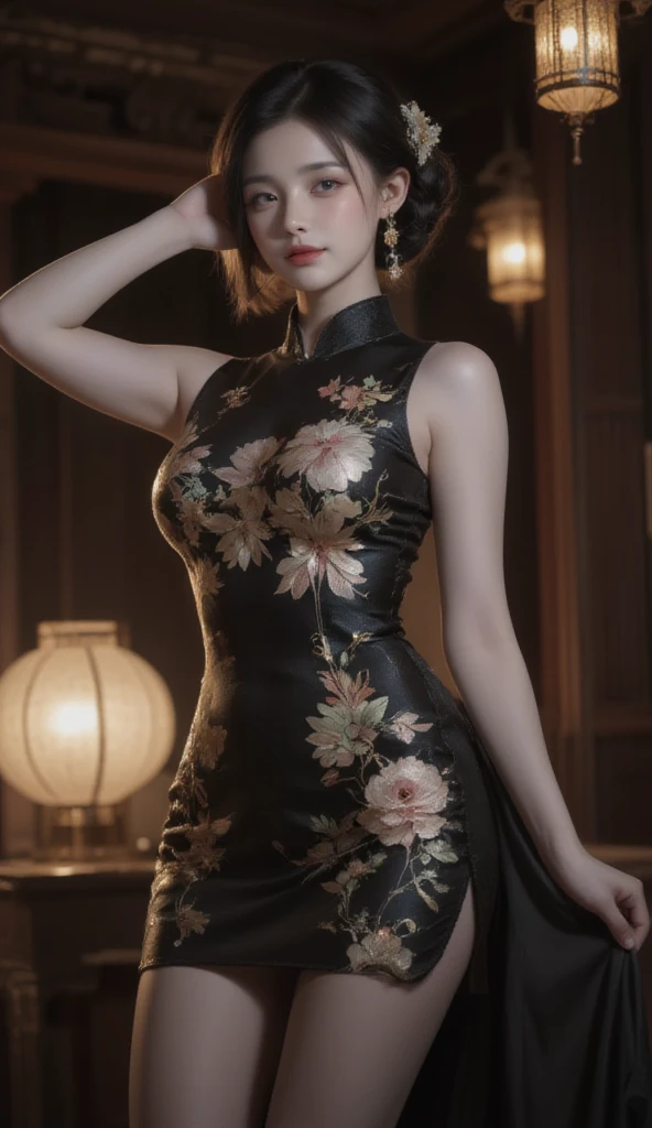 (32k uhd, hdr, (incremental absurdes:1.4), 1girl, ((milf)), ((curve)),Realistic,Chinese woman,short black hair,sexy face,tight fitting sleeveless cheongsam,full figure,full chest,exquisite embroidery,enticing figure,black silk stockings,realistic facial texture,ultra clear,masterpiece,