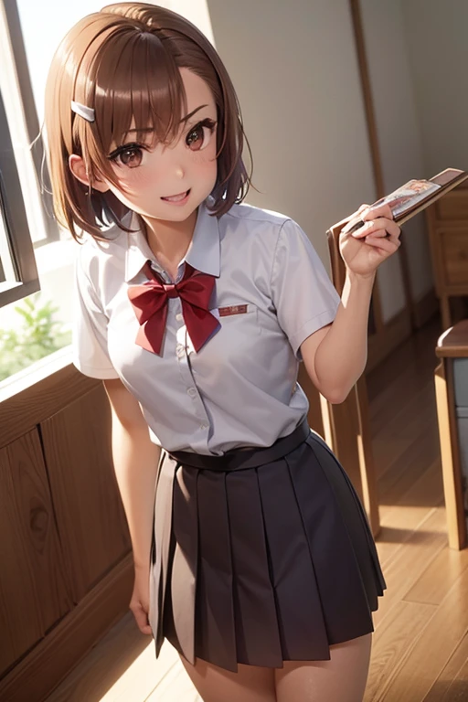 misaka mikoto、 shiny hair,  short hair, (美しい brown eyes、)、smile、 super detailed eyes、((hair clip)), highly detailed faces being avenged,  highly detailed eyes ,cowboy shot,、( One Girl )、 ,Master Piece,  top quality ,  high res, masterpiece , 





 top quality , masterpiece,  Portrait,   1 girl,,  medium breasts,  brown eyes,  hair bow,  school uniform,  red pleated skirt in town,   watching viewers, classroom, smile,
