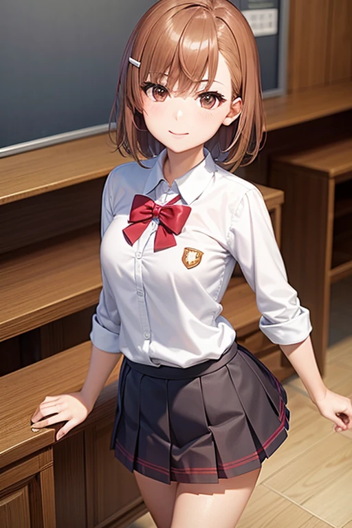 misaka mikoto、 shiny hair,  short hair, (美しい brown eyes、)、smile、 super detailed eyes、((hair clip)), highly detailed faces being avenged,  highly detailed eyes ,cowboy shot,、( One Girl )、 ,Master Piece,  top quality ,  high res, masterpiece , 





 top quality , masterpiece,  Portrait,   1 girl,,  medium breasts,  brown eyes,  hair bow,  school uniform,  red pleated skirt in town,   watching viewers, classroom, smile,
