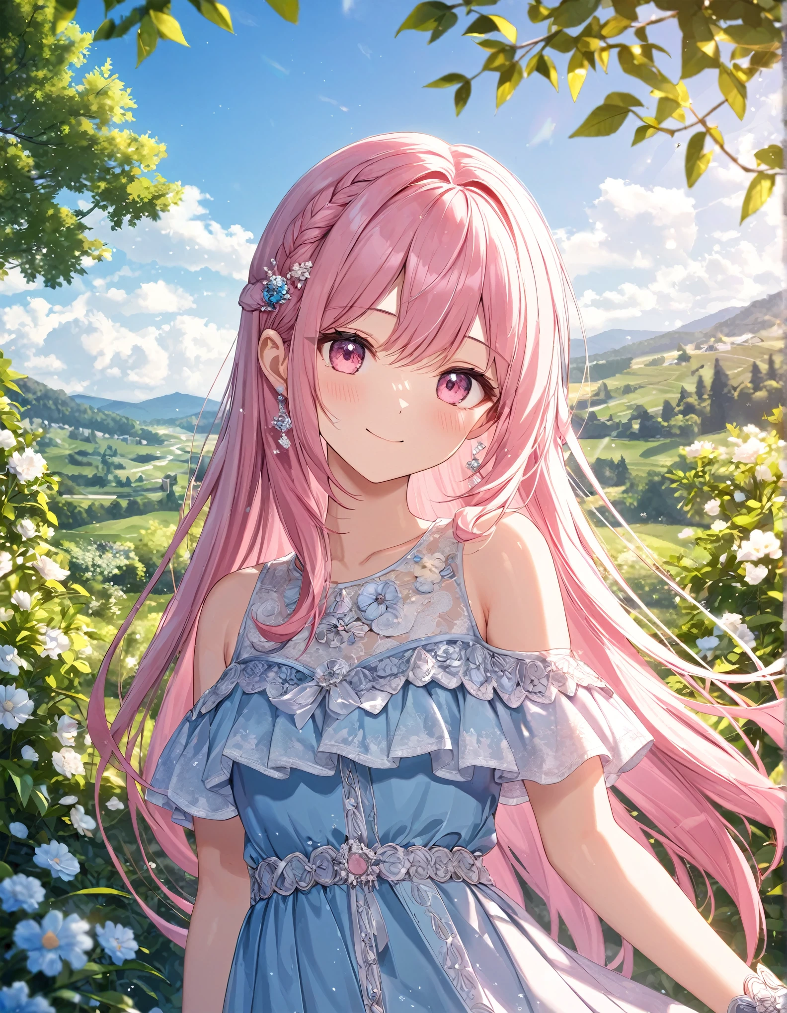 1girl, solo, Pink Shine Bright Hair, hair between eyes, Long hair, loose hair,beautifully styled hair, aesthetic detailed eyes, (Pink shiny Bright Eyes), looking at viewer,(pale cheeks), (skin colored cheeks), Mesmerise, Little smile, closed mouth, (half body, cowboy shot), BREAK
(summer blue dress), ribbon, BREAK
garden, trees, flowers, sunny, blue sky, BREAK
HDR, 8K, masterpiece, best quality, amazing quality, very aesthetic, high resolution, ultra-detailed, absurdres, newest, scenery,
masterpiece, scenery, aesthetic detailed background, best quality, game cg aesthetics, sharp focus, sharp details, beautiful detailed eyes, detailed skin, detailed hair, light particles, photo background, depth of field,
(masterpiece), best quality, ultra-detailed, 1024k UHD wallpaper, ultra-high resolution, depth of field, HDR, Ray tracing, RTX, high saturation, photon mapping, best texture quality, best compotitions, (extremely detailed CG 1024k wallpaper), High Details, Detailed face, Detailed Clothes, Ultra HD Photo, Perfect Face, expressive eyes