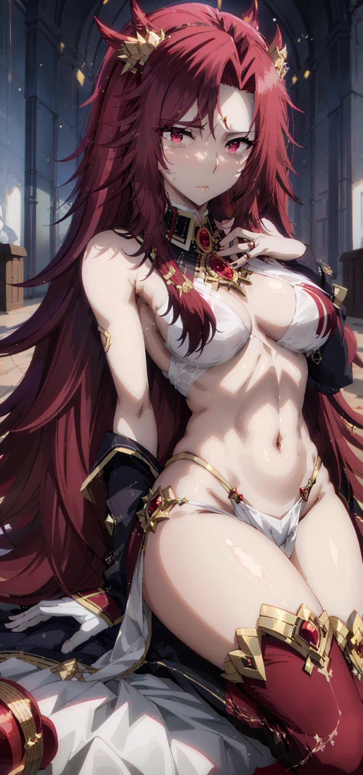 a ( super realistic ) beautiful( Iris midgar)WITH ( eyes WITH rojos)  and white clothing ( Detailed ) WITH gold jewellery on breast,  beautiful breasts(sexy),  long beautiful red hair , hyper  Detailed  cuerpo completo ( standing in a medium position )