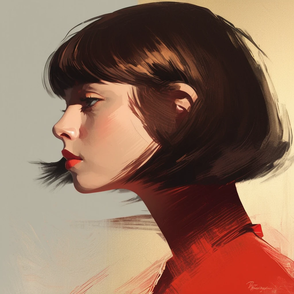 (Illustration for Advertising with Oil Paint), (Dry Brush Technique: 1.3), One Girl, Head Portrait, Thoughtful, Blunt Bangs, Short Bob Hair, (Natural Light from the Right Side of the Face), (Ray Tracing: 1.3), Light and Shadow, Rich Negative Space, Various Red and Brown Palettes, Minimalist Background, Detail, Highest Quality, Masterpiece