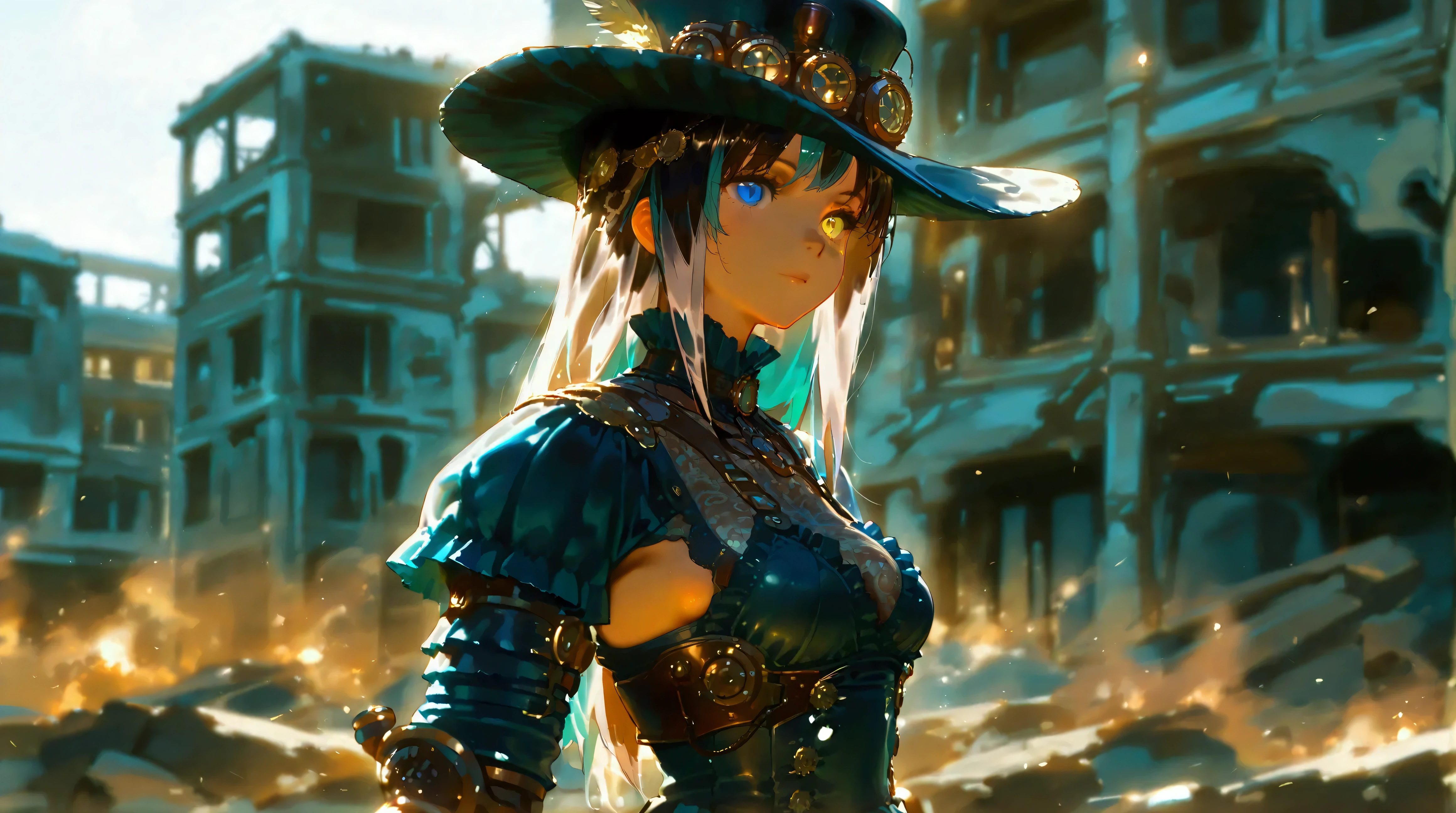 (masterpiece),  top quality , expressive eyes, perfect face, 1 girl,final fantasy XIV,stretch out,gunner,(Heterochromia,yellow eye, blue eyes:1.1),( Black Steampunk Dress:1.2), frill skirt ,armored gloves, Armored Leggings ,Big Breasted ,(Multi-coloured hair, black hair, turquoise hair:1.3), long straight hair ,[[Pasture,  knight , full moon, starry sky ]], cowboy shot, is standing, sexy pose taken from the butt, confident smiles in the ruins of the city, Steampunk Style 