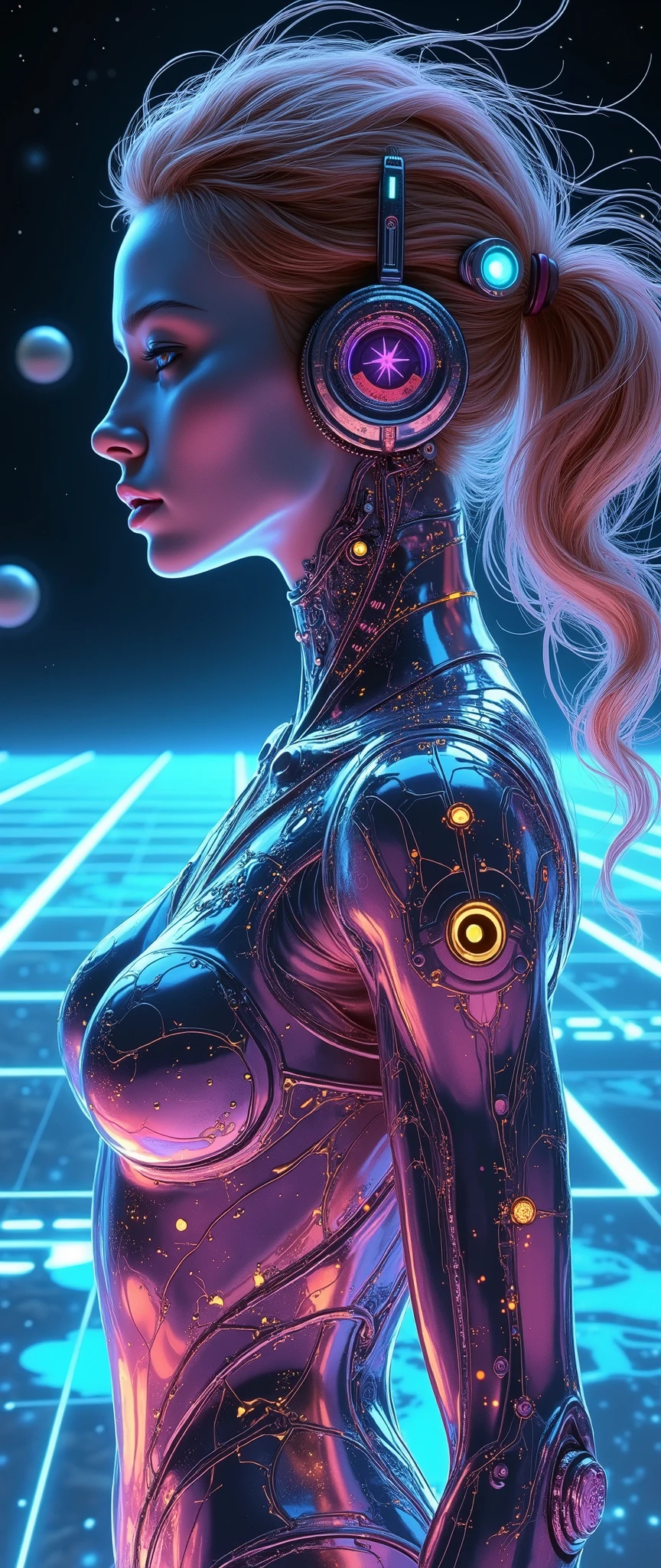 (masterpiece:1.2,  high image quality,Mirror Finish , cinematic experience, best illustrations:2.0,  super detailed  ),8k,16k,wallpaper,Beautiful female cyborg, psychedelic ,progressive,SF, cyberpunk,glow line art,The background is an abstract group of planets , The background is a large grid pattern of light lines ,( upper body up),( depth of field ),(nSFw)