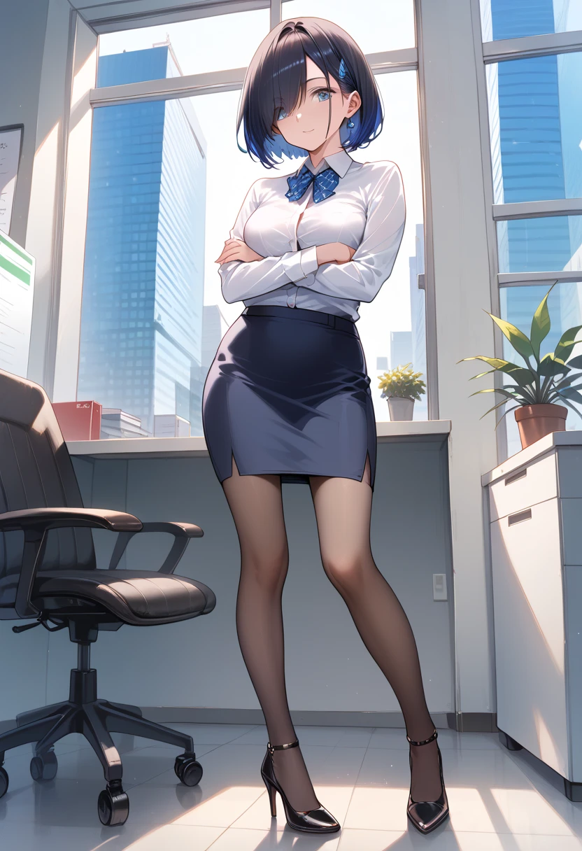 ((masterpiece, best quality, ultra detailed, high resolution, detailed facial description)), (solo, 1 noble woman:1.3), (office lady, pencil skirt), (black pantyhose, high heels), (short hair black hair, hair over one eye, blue inner color hair), (tsurime:1.3), standing, crossed arms