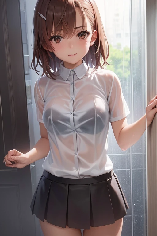 misaka mikoto、 shiny hair,  short hair, ( beautiful brown eyes、)、smile、 super detailed eyes、((hair clip)), very detailedな顔,  very detailedな目,cowboy shot,、( One Girl )、 ,Master Piece,  top quality ,  high res, masterpiece , 





masterpiece,  top quality ,  very detailed,  high res, expensive resolution,  high res, 4K, 8k, unity 8k wallpaper,  very detailed CG, masterpiece, 2D, 3d,  beautiful detail, Depth, fine texture,  top quality : 1.3, Perfect focus,  clean skin, he, rain,  wet,  wet clothes: 1. two very cute anime girls, (bra visible through white blouse  wet with pouring rain,  miniskirt),  Big Breasts, expensive brown hair,  One Girl , rain, (raindrops dripping from  wet hair, bra visible through thin blouse  wet with rain,  miniskirt), mole under eye,  watching viewers, expensive, , mole,  open my lips, heart,   white transparent bra  