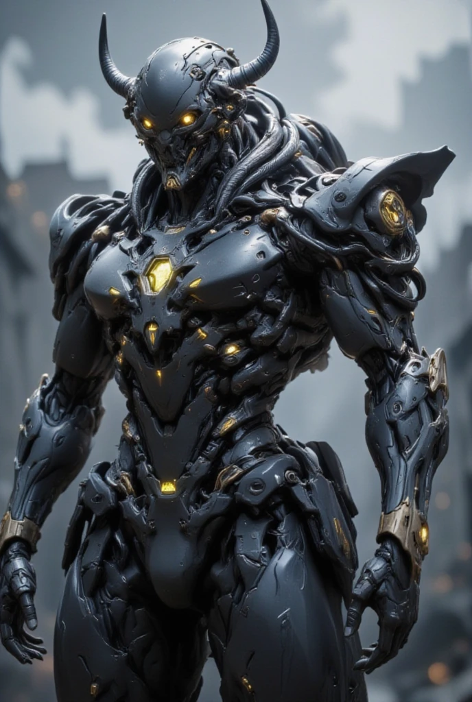 Warframe,A futuristic mecha-robot, a blend of science fiction and advanced machinery, stands solo with its hands clenched. The robot’s full body is visible, with intricate cables and glowing elements woven into its design. It features prominent horns and yellow, glowing eyes that seem to pierce through the blurry background. The robot’s mouth is lined with sharp teeth, and its claws are ready, adding to its formidable appearance. The entire scene exudes a sense of realism, as the robot looks ahead, its gaze directed at the viewer, with hoses and tubes adding to the intricate details of its redesign.