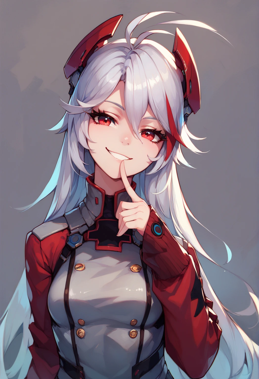 score_9, score_8_up, score_8, medium breasts, (curvy), cute, eyelashes,     
rating safe, 
BREAK,
zzPrinz, 1girl, solo, silver hair, long hair, red eyes, headgear, antenna hair, grey uniform, red sleeves, finger to mouth, head tilt, slight smile, smug, 
BREAK, eye contact, looking at viewer,
BREAK,
smile, looking at viewer, 
abstract red industrial background, 
zPDXL,