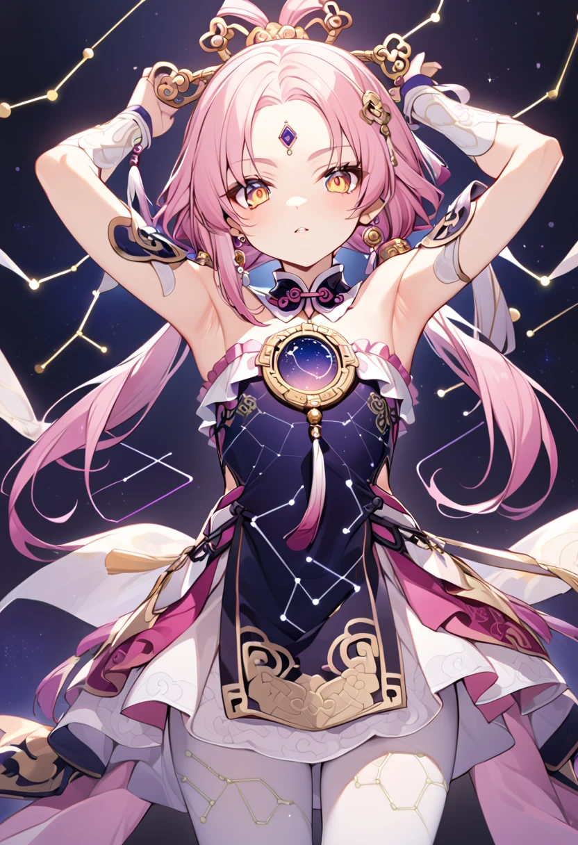 pink hair, orange eyes, low twintails, single sidelock, hair ornament, forehead jewel, earrings, chinese clothes, jewelery, detached collar, medallion, constelation, short dress, constellation print, white pantyhose, wristband, frills, hands up armpits revealed