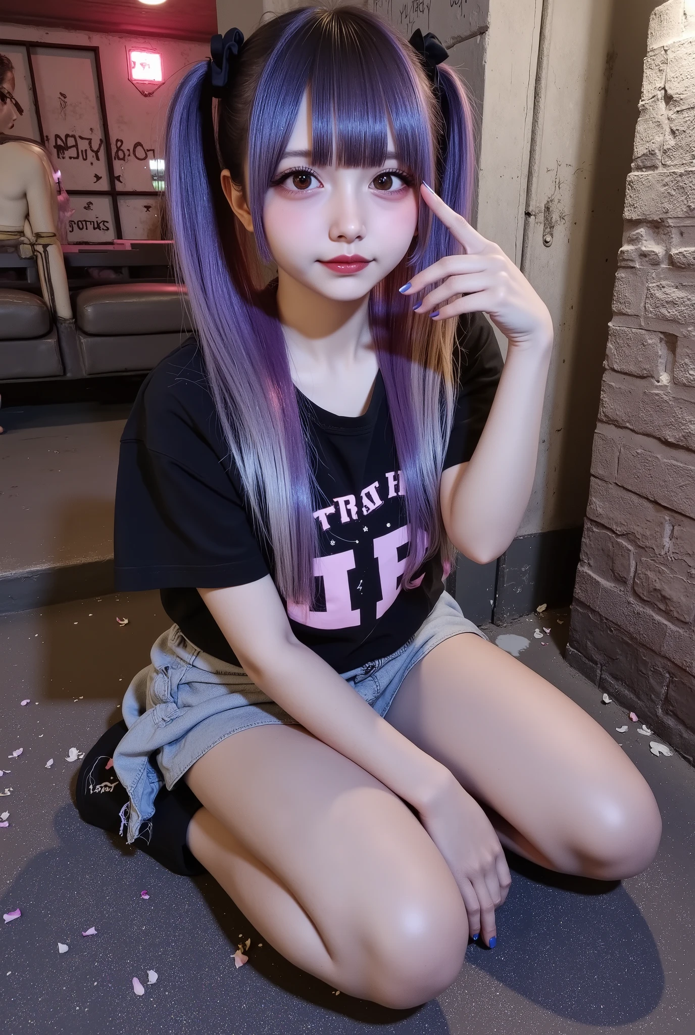 a beautiful young girl\(full-body,sitting gracefully on the dusty concrete floor of an underground urban setting. She has striking purple hair with gradient streaks of blue and silver,twin tail hair, her glowing violet eyes highlighted as she playfully frames one of them with her fingers. Jiraikei_Fashion_Flux,dark blue nails. Her serene expression and gentle smile, combined with her slightly tilted head, exude a calm and playful aura\),

background\(dimly lit industrial space, with exposed brick walls and iron beams that give a rugged, underground vibe. Scattered neon lights softly illuminate the scene, casting subtle reflections across vintage furniture and worn-out textures. Faint graffiti decorates the walls, adding an edgy charm, while warm, moody lighting creates dramatic contrast. Scattered petals lie on the floor, blending delicately with the dusty, grungy ambiance\),The illustration is rendered with ultra-detailed textures, cinematic lighting, and ray tracing effects, achieving a photorealistic 8k resolution for a visually stunning composition.
