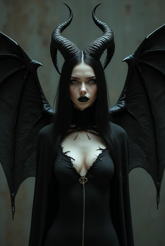 a gothic pale woman with beautifully tattooed horns, a goddess of darkness with seductive features and demon wings, (intense and seductive) eyes, a (pale and flawless) face, (sharp and captivating) cheekbones, (plump and alluring) lips, (flowing and dark) hair, (mysterious and enchanting) aura, (elegant and tasteful) black clothing, (intricately designed) tattoos, (sinister and alluring) presence, (allurignly) confident stance, (subtly) glowing eyes, (graceful and strong) body language, (mesmerizing) gaze, (hauntingly) beautiful expression, (charmingly) crooked smile, (faint and delicate) horns, (delicate and intricate) wing details, (sharp and ominous) edges, (dark and ominous) wingspan, (gracefully) extended wings, (elegant and graceful) poses, (ethereal and enchanting) background, (subtle and atmospheric) lighting, (dark and moody) color palette, (mysterious and captivating) atmosphere, (dramatic and intense) shadows, (intricately) detailed artwork, (high contrast and dramatic) portraits, (hauntingly) beautiful scenery, (majestic and mystical) vibes, (emotionally) powerful imagery, (rich and deep) textures, (hypnotic) visual effects, (dreamlike) illusions, (intense and mesmerizing) compositions, (stunning and immersive) realism.