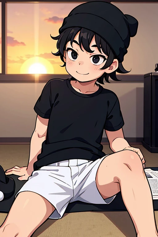 Shota boy, facial expression, messy hairstyle, beanie, body, normal clothes, black eyes, smile, sitting at a desk, sunset, cinema shot, aperture 1.8, action 