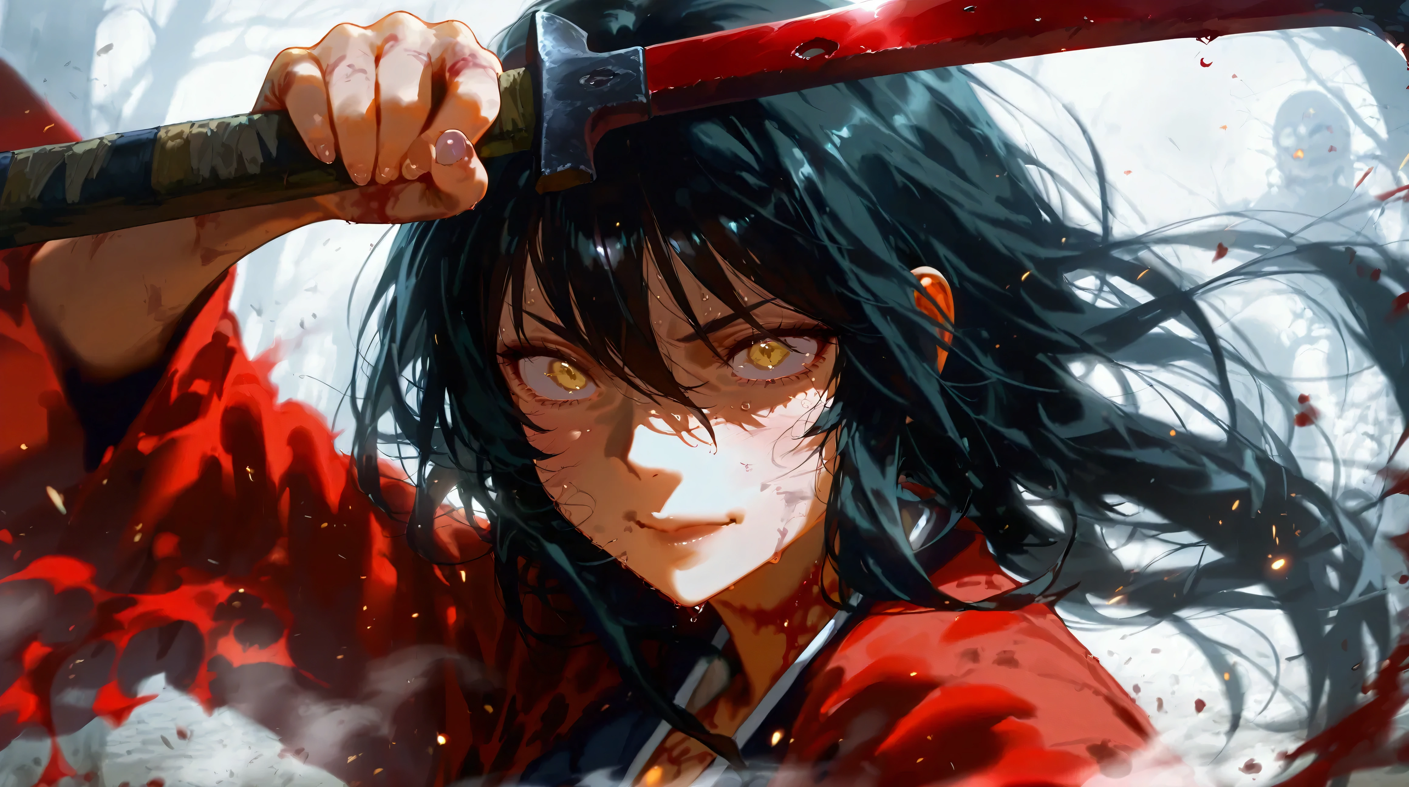  demon girl  ,Bloody,Dirty black hair,  Ki Kenpachi ,  Wicked Expression , scary atmosphere background,Violent, Dynamic Poses, Hand holding a big axe 