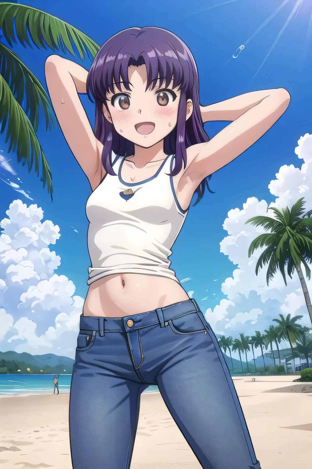 masterpiece,best quality,ultra detail,1girl, 14yo, petite, ((round face, ecstasy, orgasm face, drooping eyes, shame smiling, blush)), dropping eyes, sleepy, background((under the beach, (day:1.2), palm tree, bright sky)), misato katsuragi, long hair, (brown eyes:1.5), (purple hair:1.2), (parted bangs:1.5), arms behind head, contrapposto, spread armpits, looking at viewer,, White tank top, White crop top, (jeans pants:1.2, flares jeans:1.2, skinny jeans:1.2, blue jeans:1.2), standing, (legs spread:1.4), dynamic pose, Sweaty crotch, Steam from the crotch, (view wide:1.15), medium body