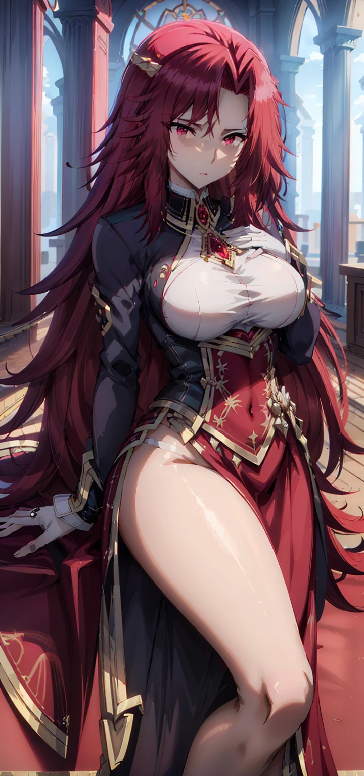 a ( super realistic ) beautiful( Iris midgar)WITH ( eyes WITH rojos)  and white clothing ( Detailed ) WITH gold jewellery on breast,  beautiful breasts(sexy),  long beautiful red hair , hyper  Detailed  cuerpo completo ( standing in a medium position )