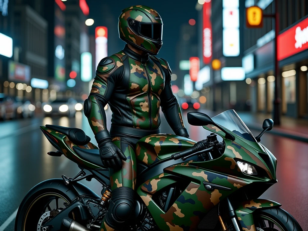 A full-body image of a muscular adult male dressed in military tactical gear, wearing a camouflage leather full-body suit, camouflage mask and camouflage Racing Boots. The sleek leather outfit provides full coverage, exuding a dark and intense atmosphere. The scene is illuminated by low light, casting dramatic shadows that enhance the mysterious and powerful presence. He stands beside a heavy-duty military camouflage 1000cc Sportbike , ready for action, in a futuristic cyberpunk city street filled with neon lights and advanced technology. The composition emphasizes his commanding stance and the tactical precision of his gear, blending a sleek, futuristic aesthetic with a gritty, law enforcement vibe.,future army,Racing Helmet,army green camouflage