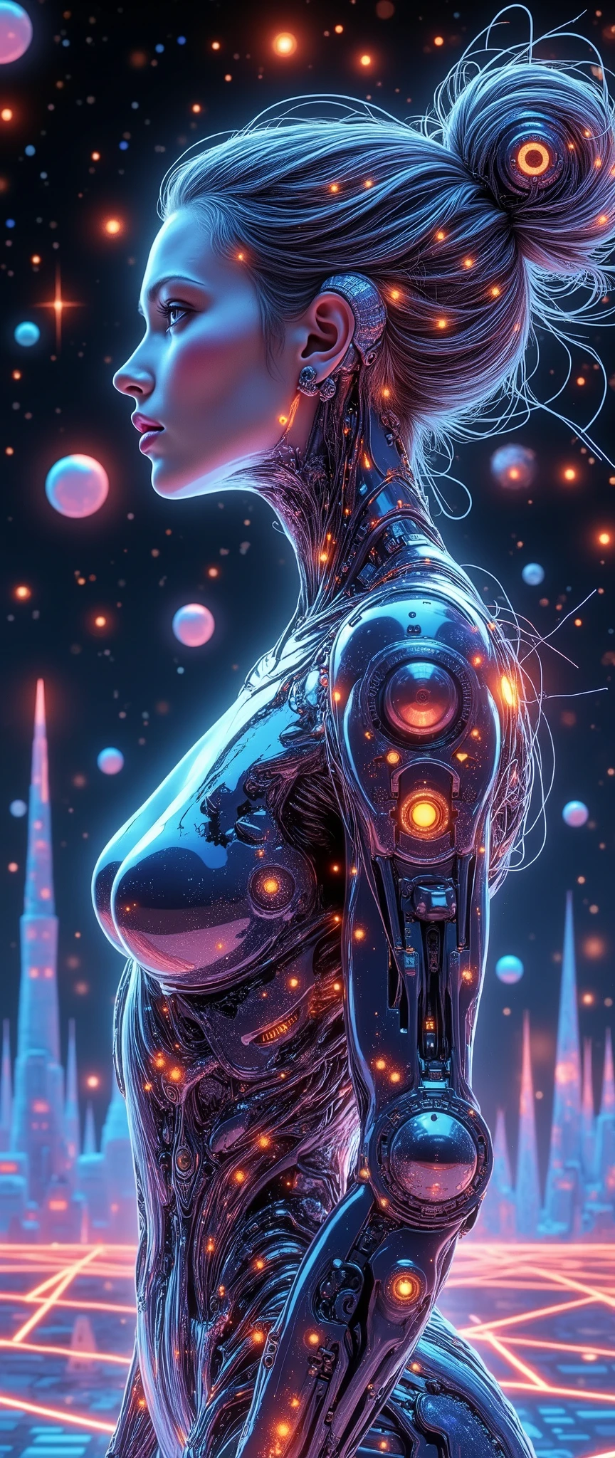 (masterpiece:1.2,  high image quality,Mirror Finish , cinematic experience, best illustrations:2.0,  super detailed  ),8k,16k,wallpaper,Beautiful female cyborg, psychedelic ,progressive,SF, cyberpunk,glow line art,The background is an abstract group of planets , The background is a large grid pattern of light lines ,( upper body up),( depth of field ),(nSFw)