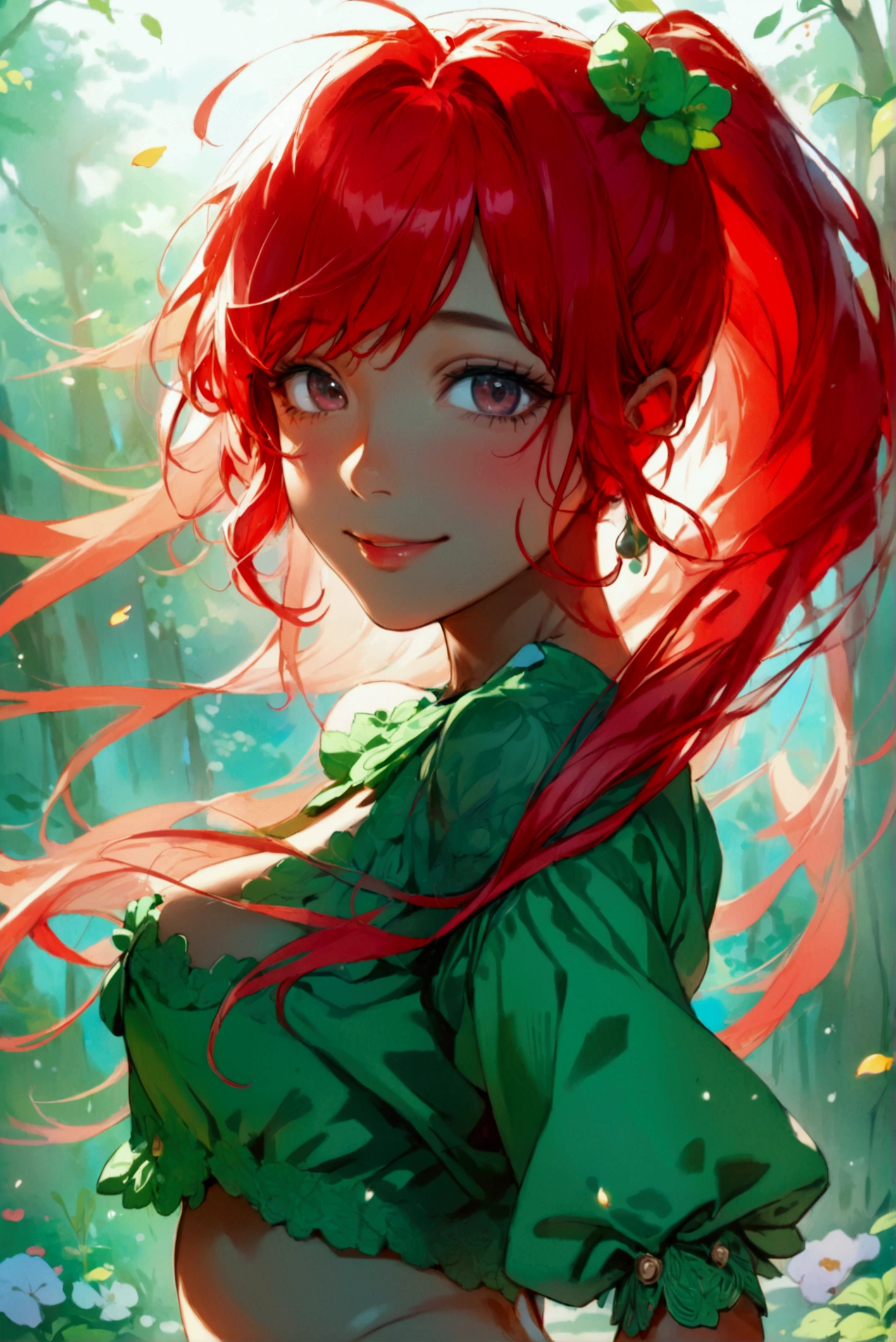 ***** girl, long red hair, blue eyes, green dress, full body, skipping rope, happy expression, field of flowers, ((Intricate anime character design inspired by Ousama Ranking)), ((Stunning lighting)), (( Fine lines)), ((Stunning focus)), ((Stunning face)), ((Detailed focus)), ((Detailed background)), ((Ultra-thin 2D design)), ((Creativity-filled background)), ((2D Masterpiece)), ((Best Quality)), ((8K)), ((Anime Style))