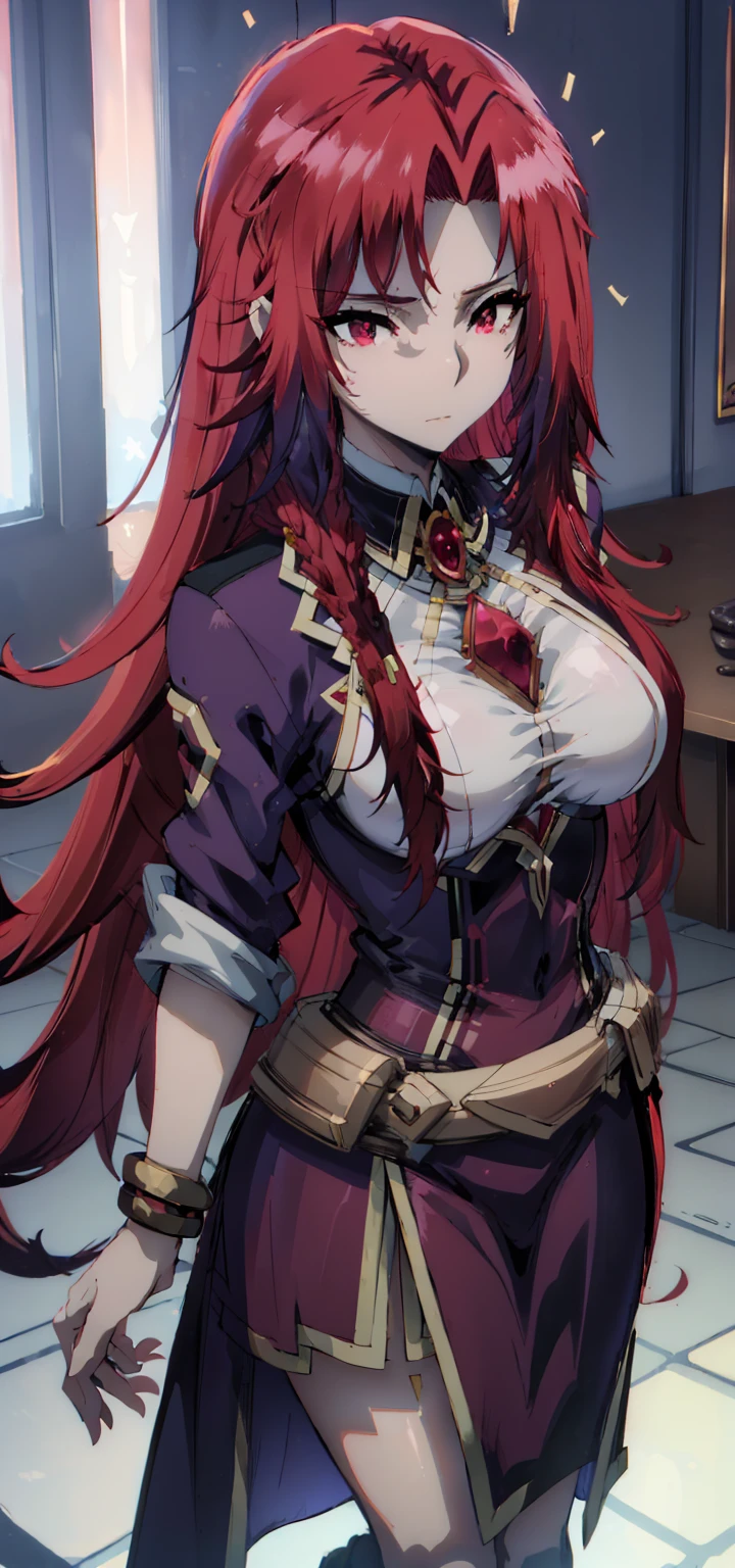 a ( super realistic ) beautiful( Iris midgar)WITH ( eyes WITH rojos)  and white clothing ( Detailed ) WITH gold jewellery on breast,  beautiful breasts(sexy),  long beautiful red hair , hyper  Detailed  cuerpo completo ( standing in a medium position )