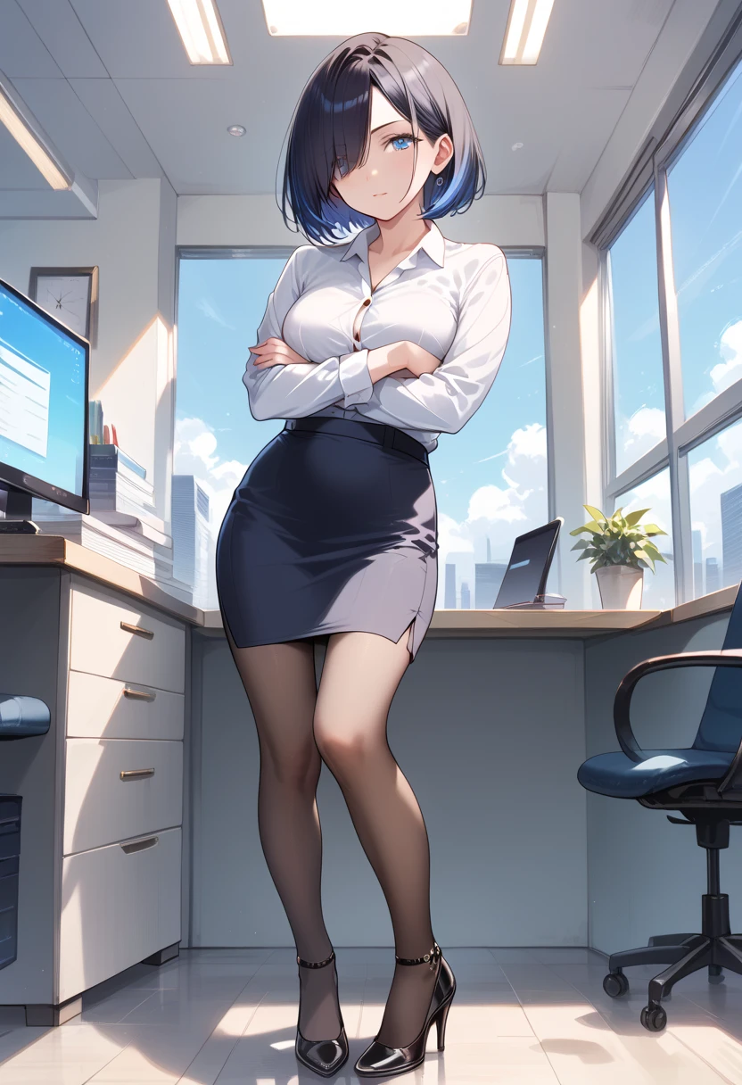 ((masterpiece, best quality, ultra detailed, high resolution, detailed facial description)), (solo, 1 noble woman:1.3), (office lady, pencil skirt), (black pantyhose, high heels), (short hair black hair, hair over one eye, blue inner color hair), (tsurime:1.3), standing, crossed arms, (zoom women, upper body)