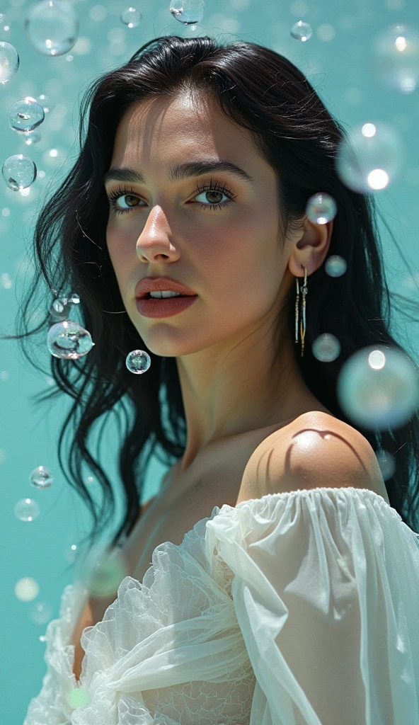 She is stylish and glamorous with her long hair and delicate features,surrounded by surreal floating water bubbles,
splash detailed,moment eyes,beautiful face,sexy girl,full_body,