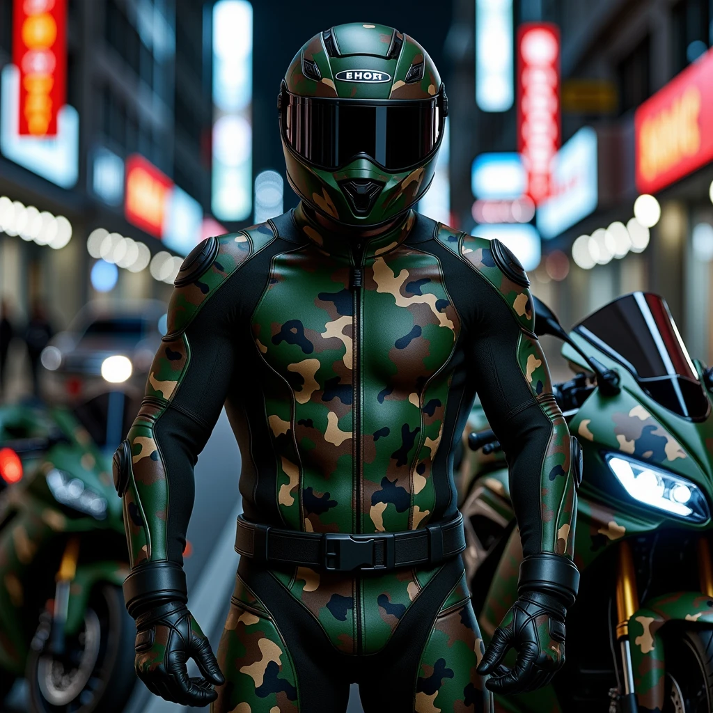 A full-body image of a muscular adult male dressed in military tactical gear, wearing a camouflage leather full-body suit, camouflage mask and camouflage Racing Boots. The sleek leather outfit provides full coverage, exuding a dark and intense atmosphere. The scene is illuminated by low light, casting dramatic shadows that enhance the mysterious and powerful presence. He stands beside a heavy-duty military camouflage 1000cc Sportbike , ready for action, in a futuristic cyberpunk city street filled with neon lights and advanced technology. The composition emphasizes his commanding stance and the tactical precision of his gear, blending a sleek, futuristic aesthetic with a gritty, law enforcement vibe.,future army,Racing Helmet,army green camouflage