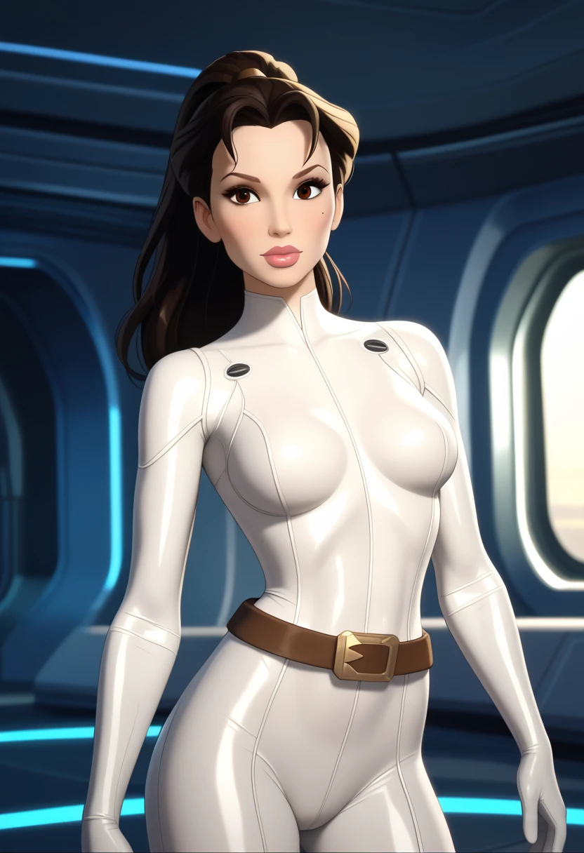 score_9,score_8_up,score_7_up,score_6_up,score_5_up,score_4_up BREAK skinny, Disney2DStyle, masterpiece, ultraHD, 8k, medium breasts, shiny skin,bokeh,bloom, indoors,light particles, spaceship background, 1girl, NM_padme_swcw, brown eyes, black hair, long hair, ponytail, lips, breasts, mole under eye, mole, makeup, big lips, mature female, ((perfect model body)), ((bodysuit, white bodysuit, brown belt)), model pose, posing, dynamic angle,