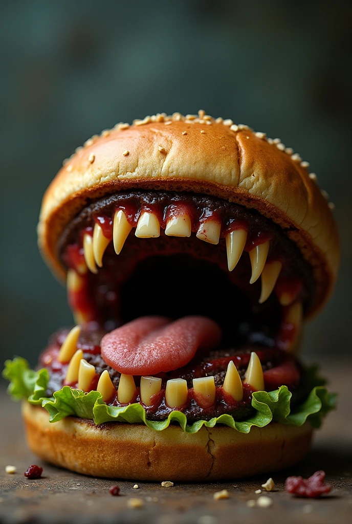 foodporn, savory, hamburger, meat, cheese, tomato, lettuce, pickle, onion, sesame seed bun, <|startoftext|> by Leonid Afremov, food art, food photography, food magazine, dramatic lighting, cinematic lighting
<lora:add_detail:1> <lora:FoodPorn_v2_:1> [:This image employs control nets to make the hamburger look like a mouth:100]