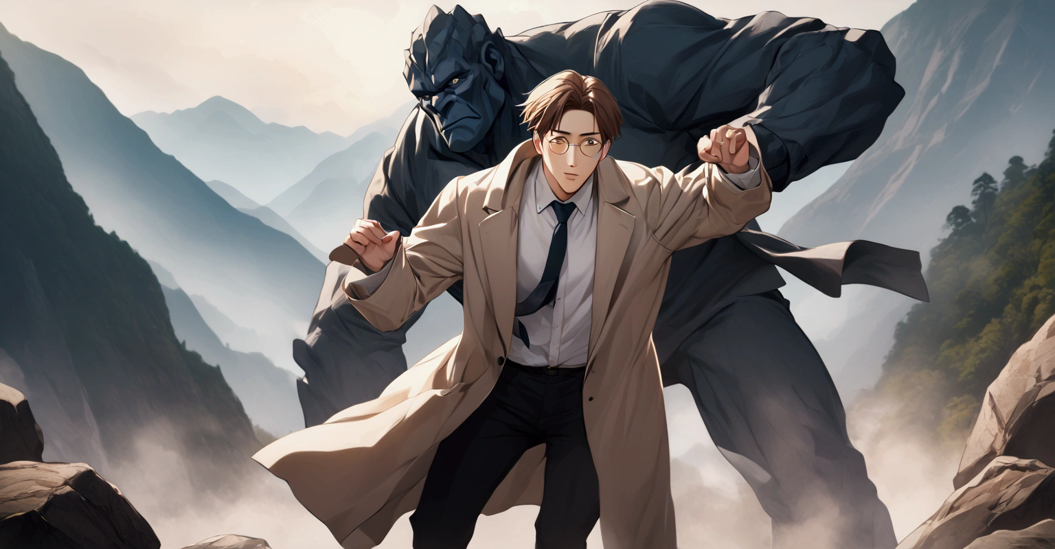 Nanami Kento from JJK, usual glasses, tie, white shirt, protective coat, dynamic pose, stone golem next to him, mountain background