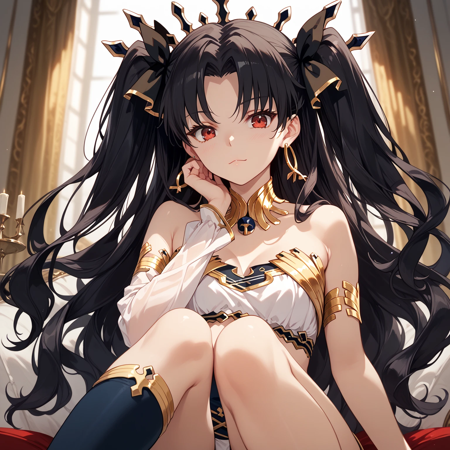 ishtar, red eyes, black hair, long hair, two side up, parted bangs, black ribbon, hair ribbon, tiara, hoop earrings, jewelry, neck ring, bikini, single sleeve, detached sleeves, single thighhigh, black thighhighs, Sit, Room, Displeased face, Beautiful view, good atmosphere