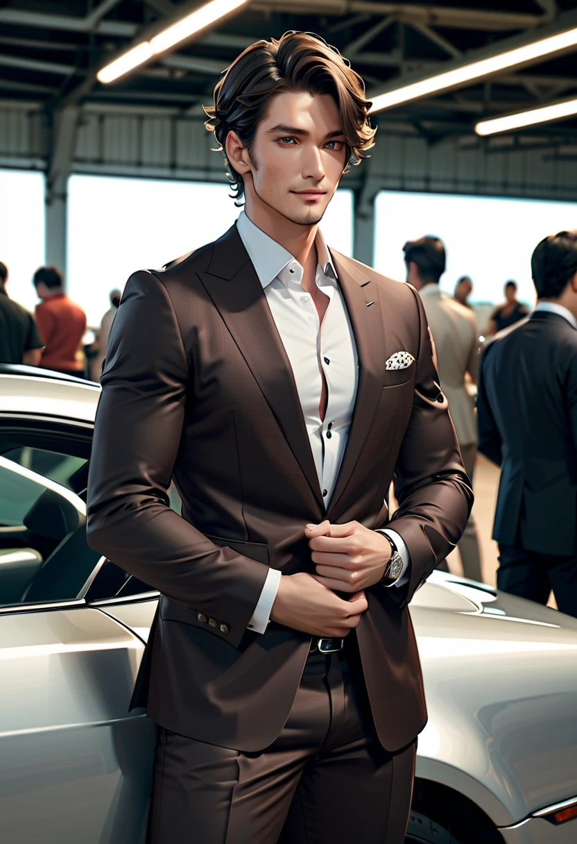 Boy sitting in the luxurious Mercedes Benz, stylish haircut, small beard, stylish black suit, 4K photo quality, professional photograph, selfie,